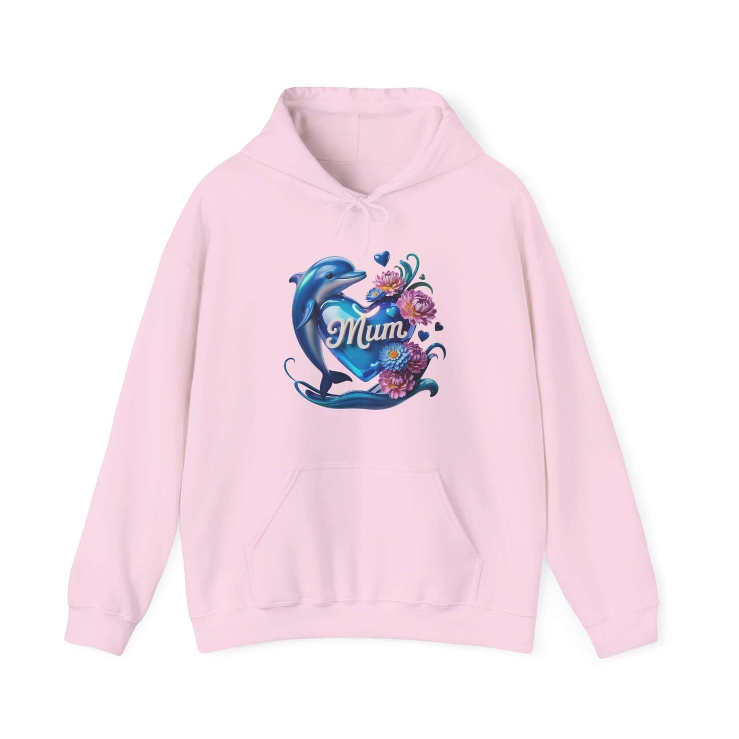 Cozy pink unisex hoodie with dolphin holding 'Mum' heart surrounded by flowers, perfect for Mother's Day gift.