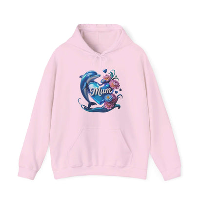 Cozy pink unisex hoodie with dolphin holding 'Mum' heart surrounded by flowers, perfect for Mother's Day gift.