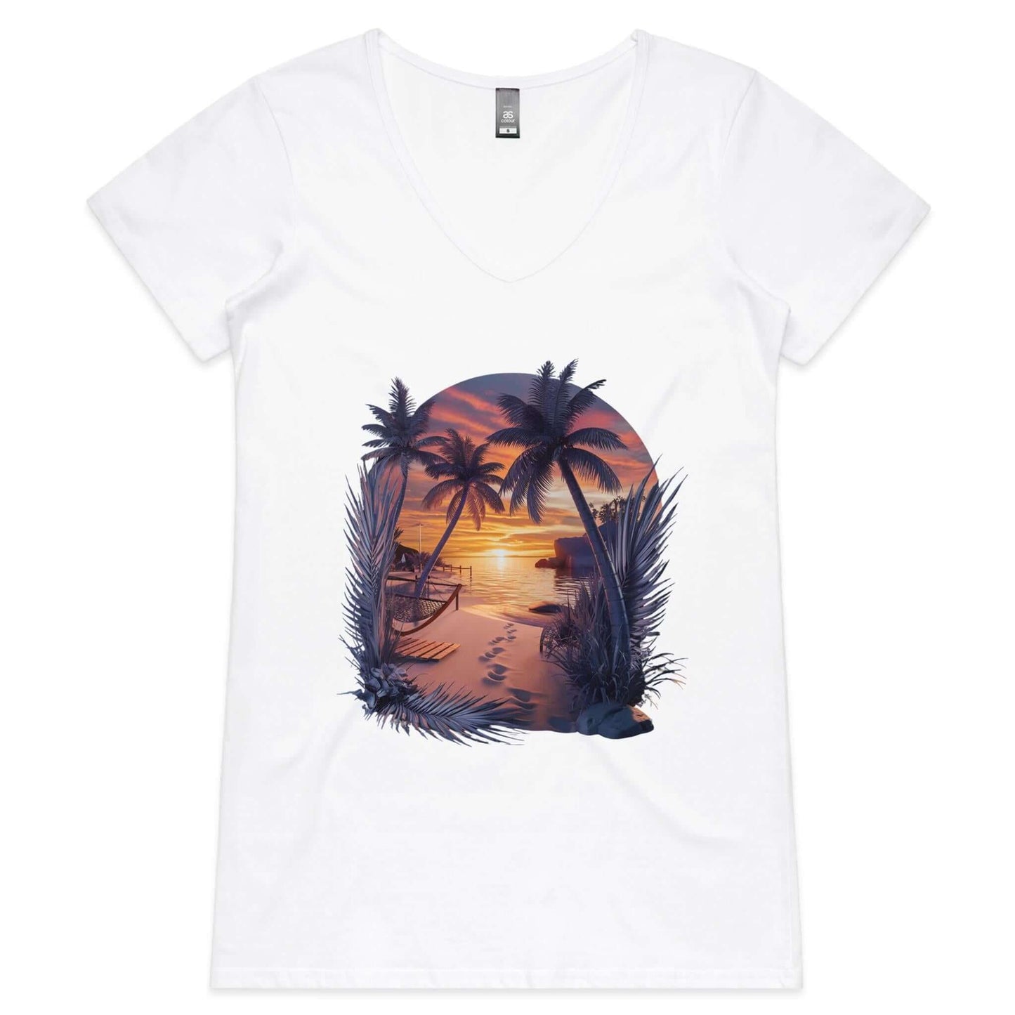 Women's Sunset Island Beach V-Neck T-Shirt White