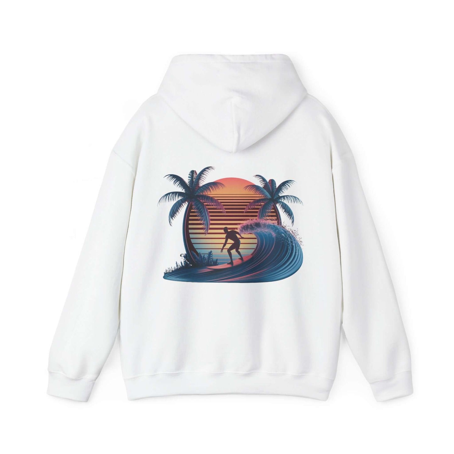 Hooded jumper featuring sunset surfer riding a wave illustration with palm trees and synth-wave effect design.