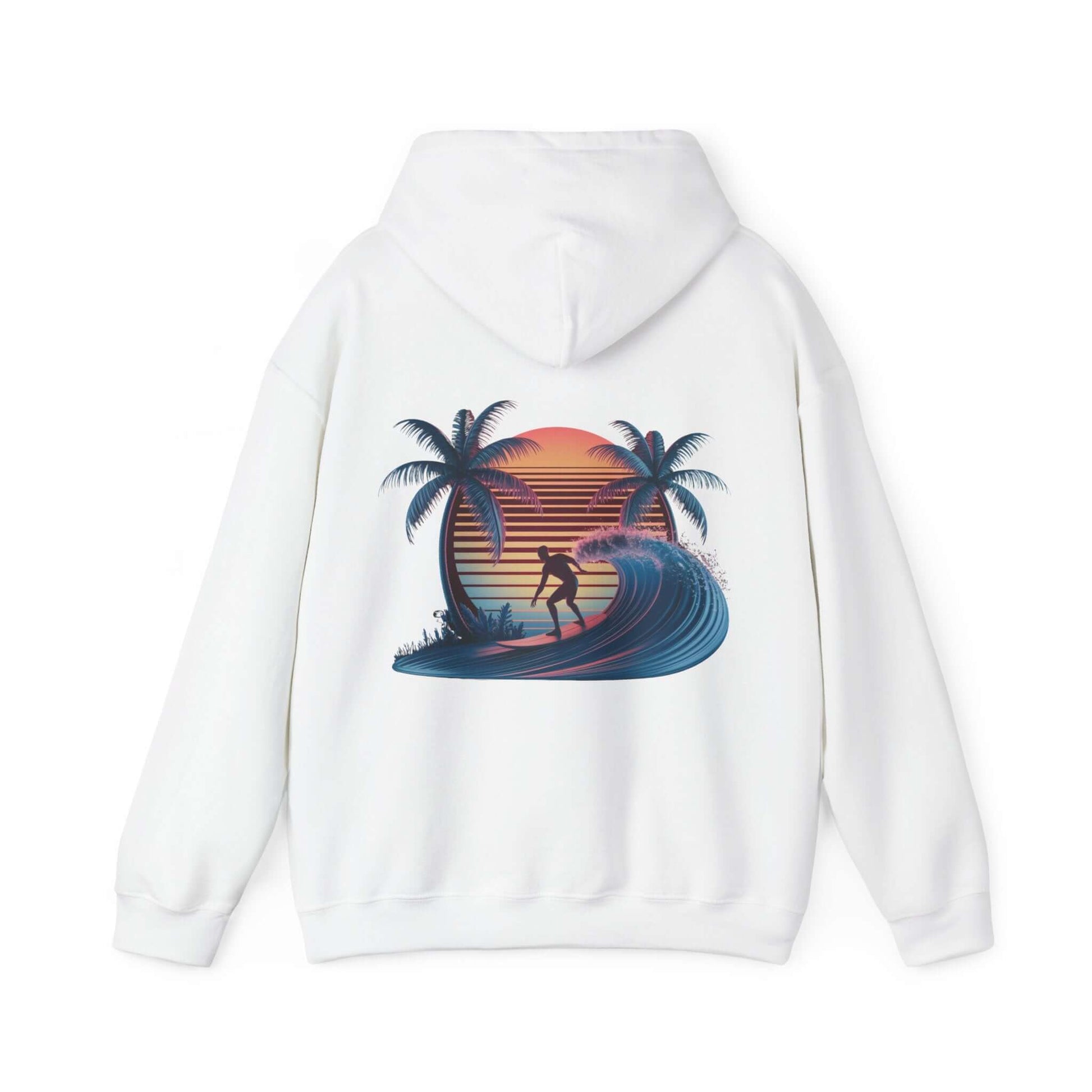 Hooded jumper featuring sunset surfer riding a wave illustration with palm trees and synth-wave effect design.