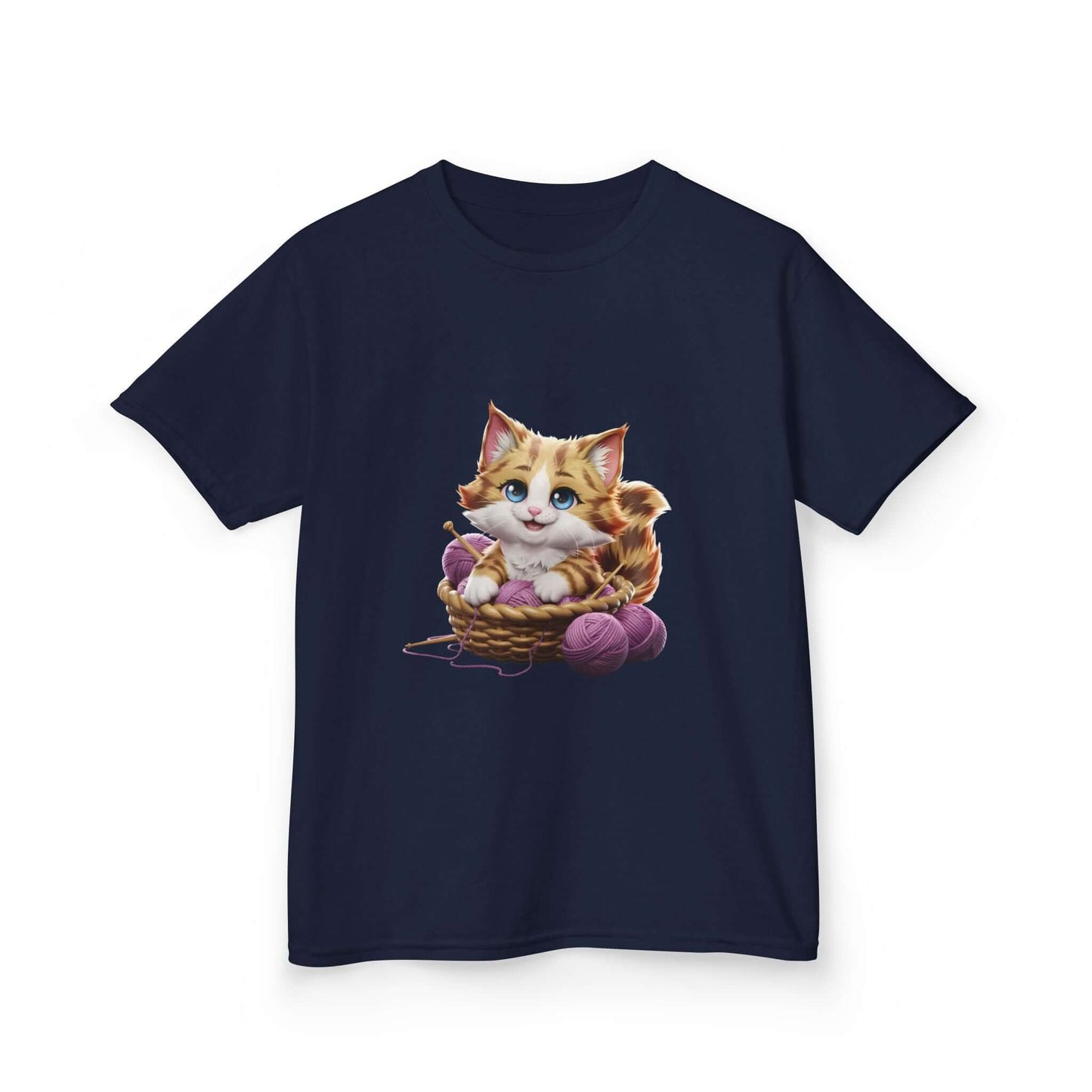 Cute kitten playing in a basket of wool on a black kid's Tee, ideal for all cat lovers and children's fashion.