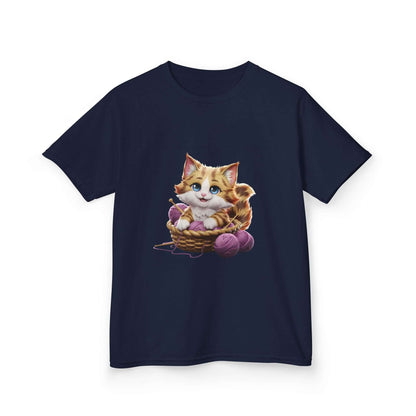 Cute kitten playing in a basket of wool on a black kid's Tee, ideal for all cat lovers and children's fashion.