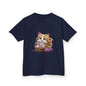 Cute kitten playing in a basket of wool on a black kid's Tee, ideal for all cat lovers and children's fashion.