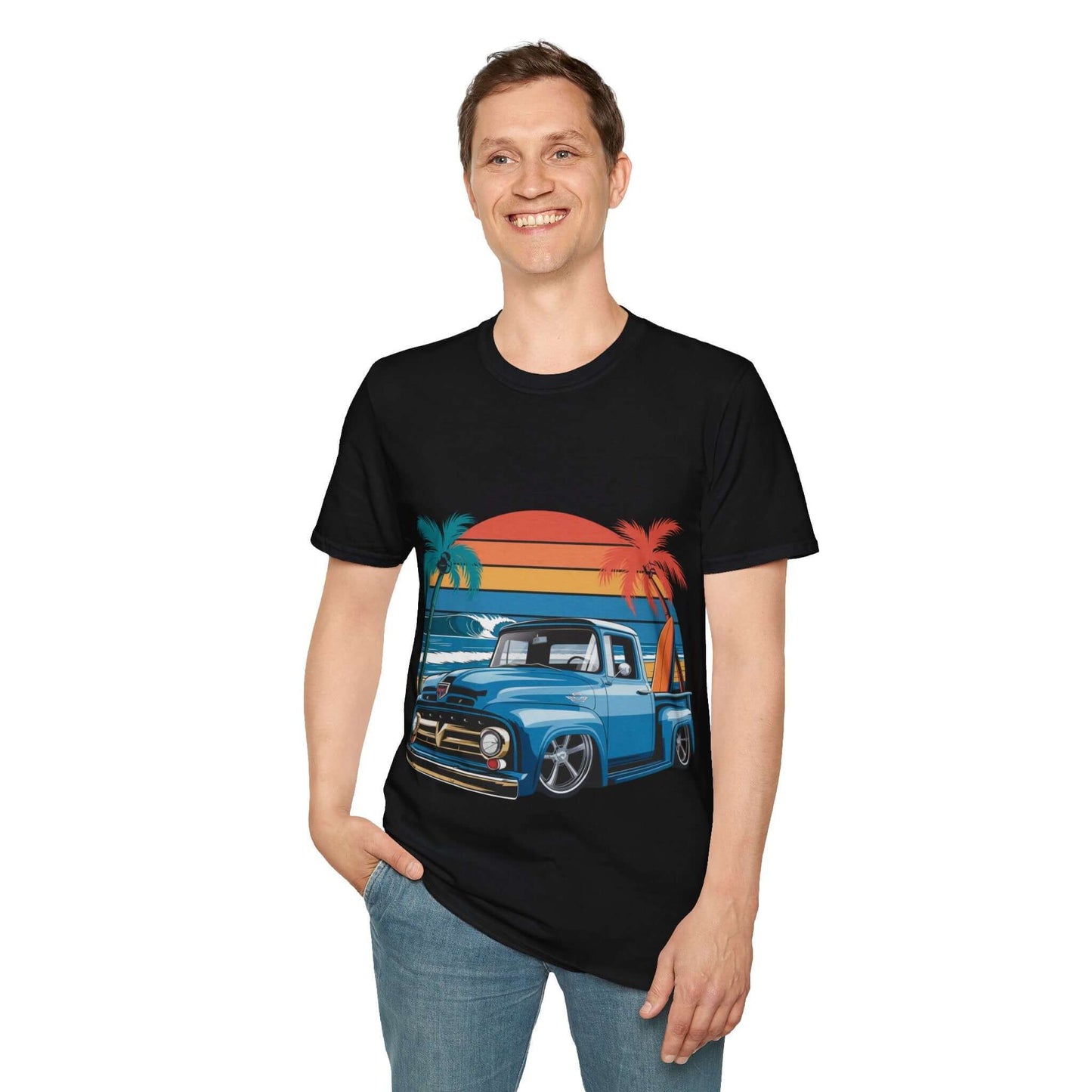T-shirt with vintage pickup truck design, tropical sunset, perfect for car lovers and cruising vibes.