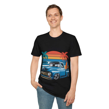 T-shirt with vintage pickup truck design, tropical sunset, perfect for car lovers and cruising vibes.