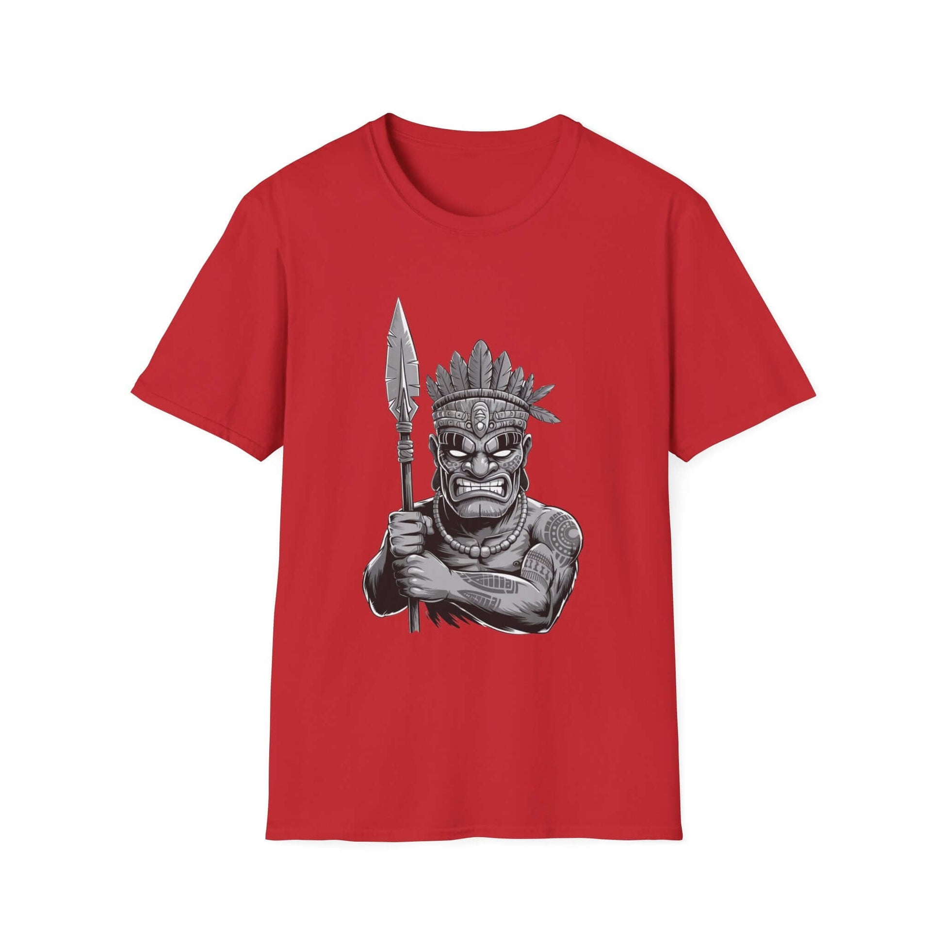 Red T-shirt featuring a bold Tiki character design with a spear, perfect for unique and stylish summer fashion.