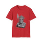 Red T-shirt featuring a bold Tiki character design with a spear, perfect for unique and stylish summer fashion.