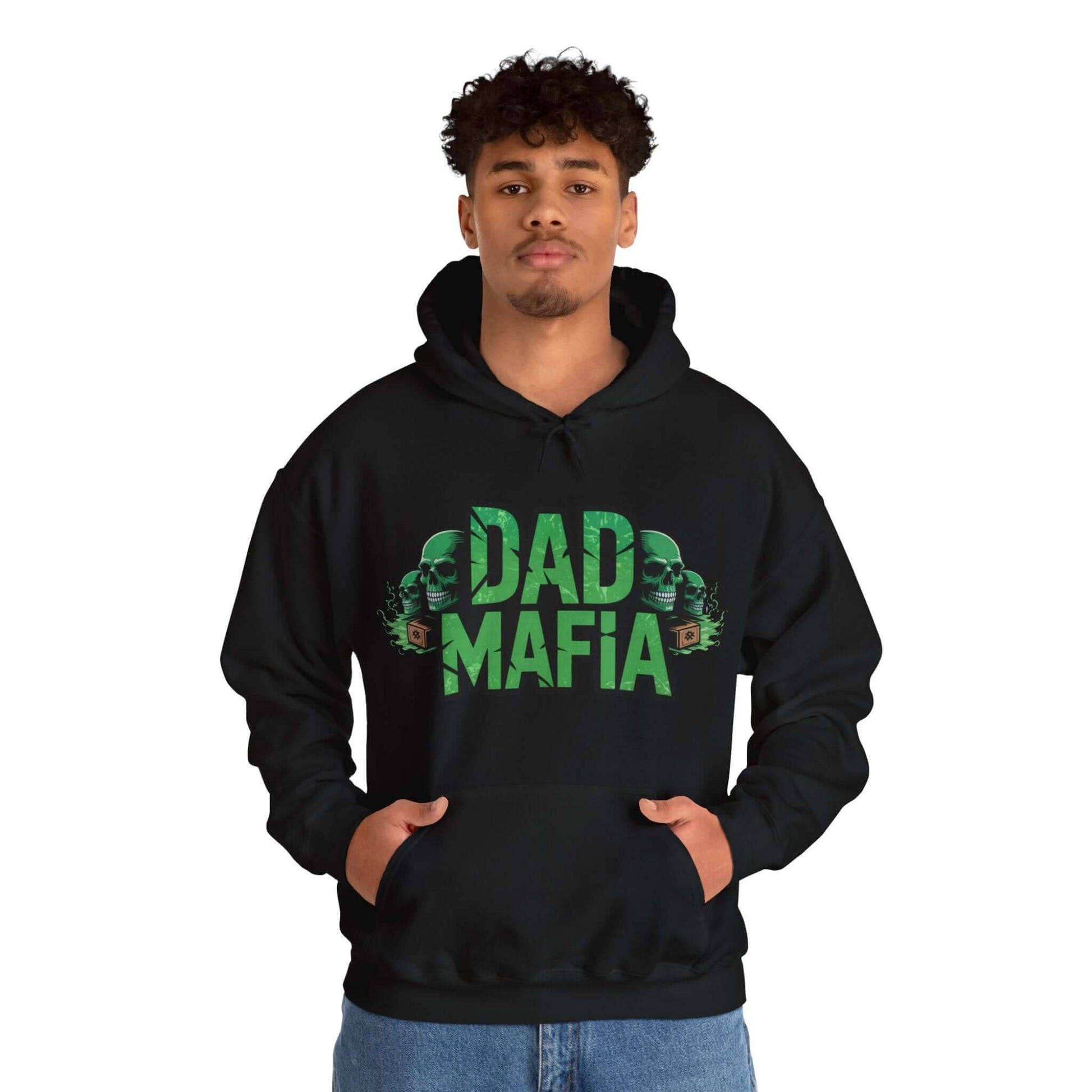 Unisex 'DAD MAFIA' hooded sweater featuring neon green accents and skull graphics, perfect for making a bold statement.