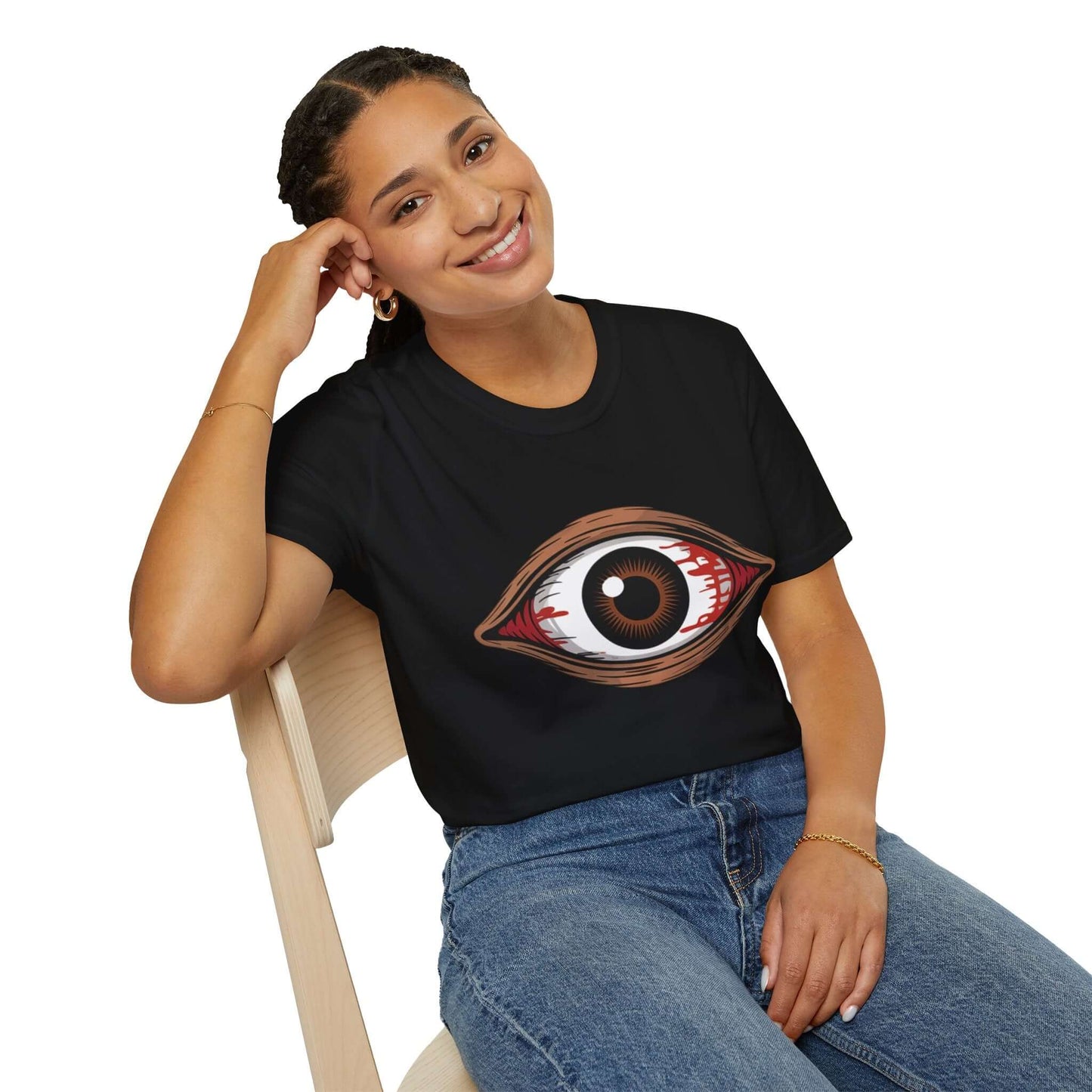 Unisex softstyle T-shirt with a bloody brown eye design, perfect for festivals and Halloween celebrations.