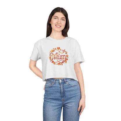 Cool white women's crop top with 'Mum' design in shimmering colors, adorned with floral and heart details, perfect for Mother's Day.