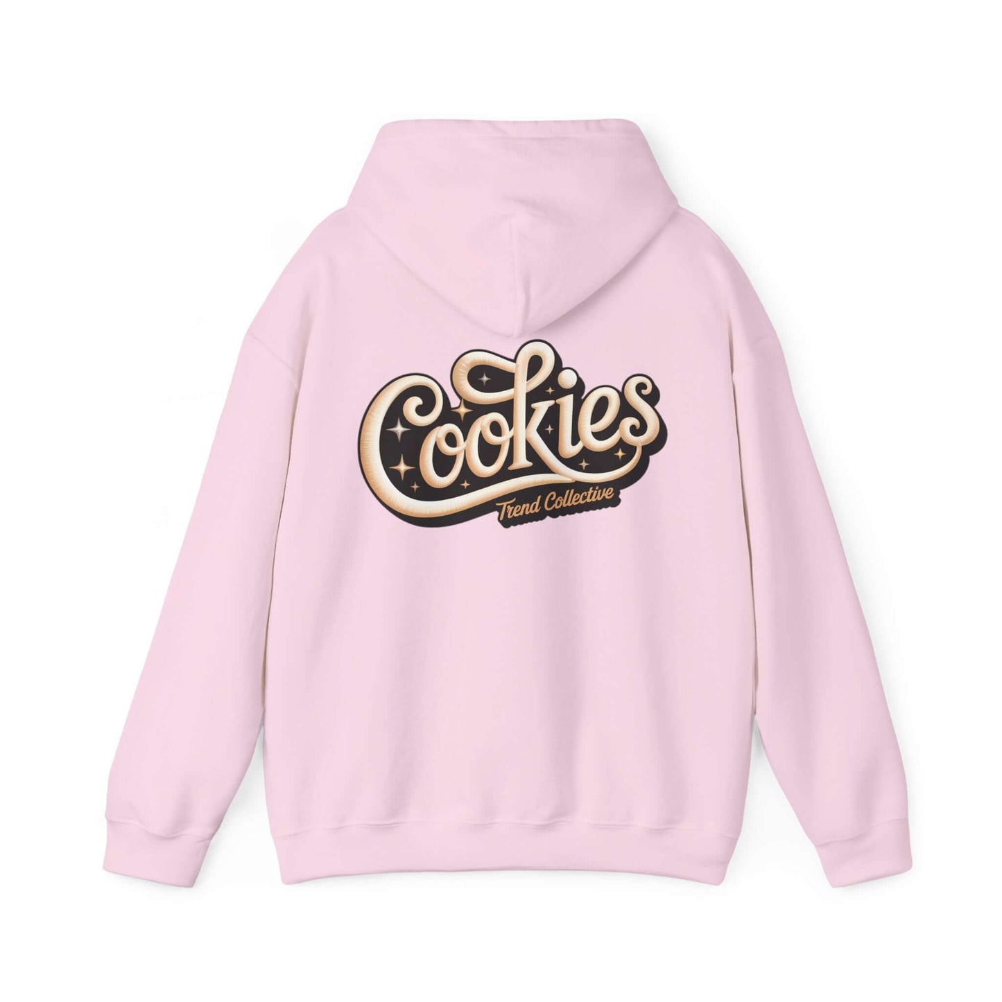 Vintage-inspired pink hoodie with hand-lettered 'Cookies Trend Collective' design in elegant script.