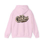 Vintage-inspired pink hoodie with hand-lettered 'Cookies Trend Collective' design in elegant script.