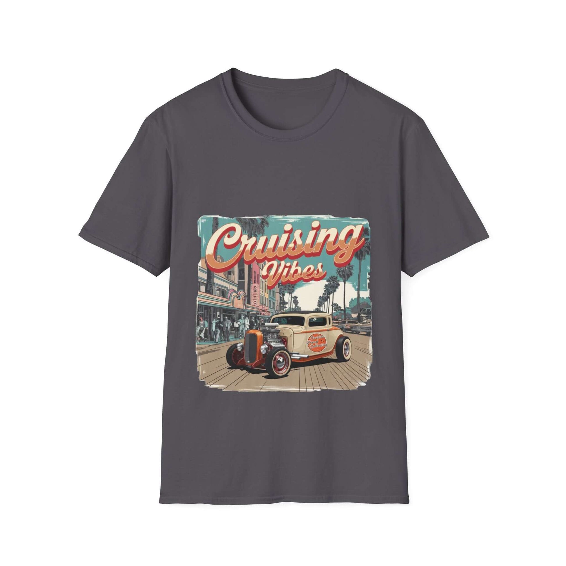 Vintage Hotrod 'Cruising Vibes' T-Shirt featuring a classic car on a palm tree lined street.
