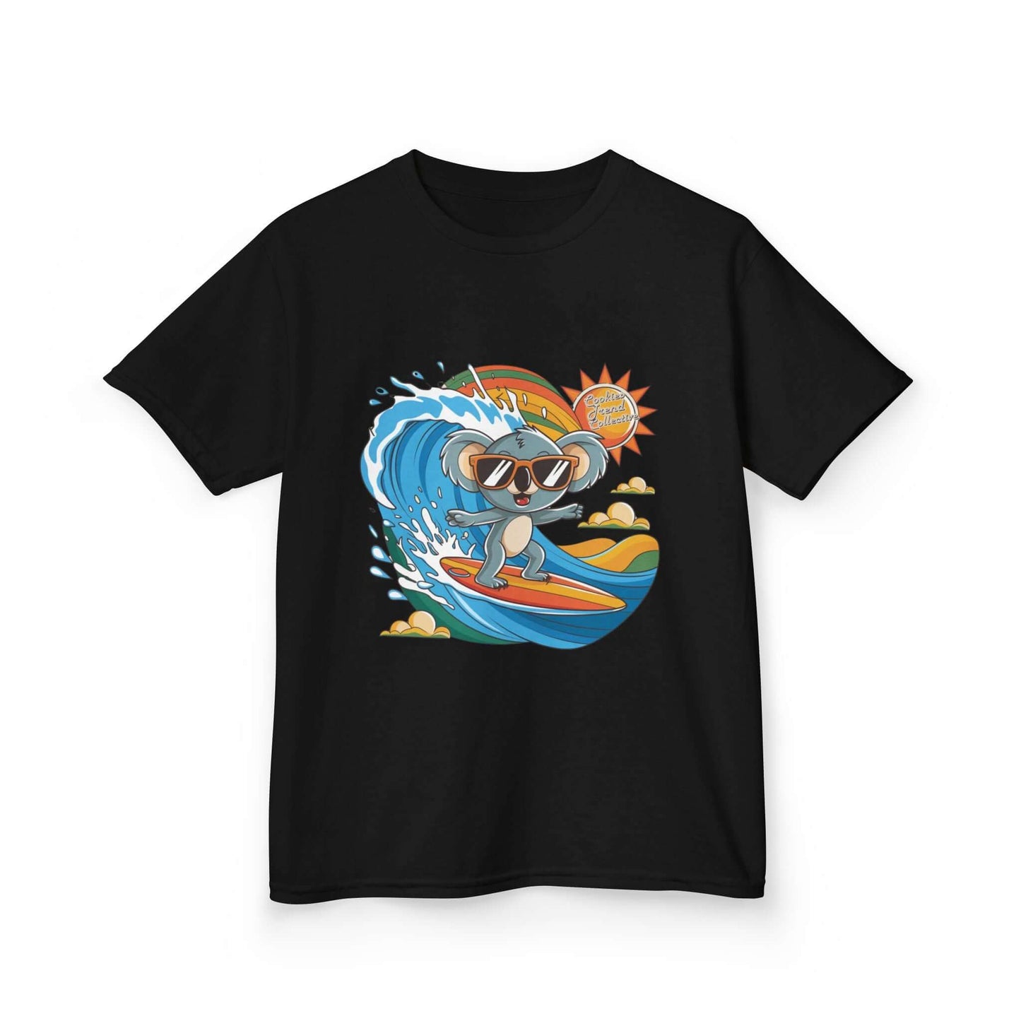 Black kid's T-shirt featuring a cool surfing koala design with sunglasses, perfect for beach-loving families.