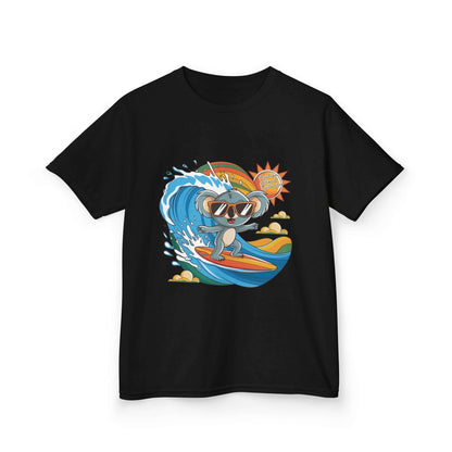 Black kid's T-shirt featuring a cool surfing koala design with sunglasses, perfect for beach-loving families.