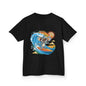 Black kid's T-shirt featuring a cool surfing koala design with sunglasses, perfect for beach-loving families.