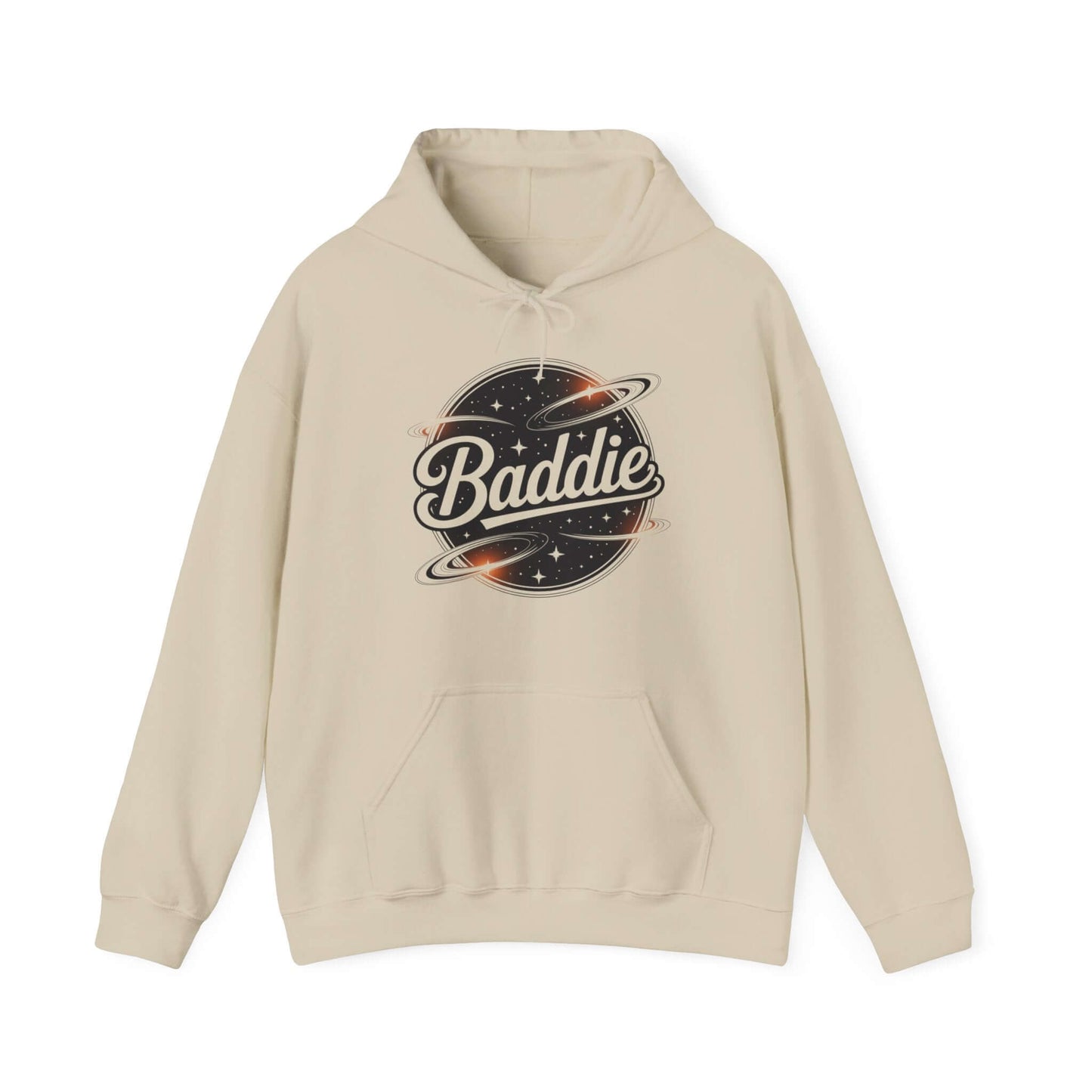 Hooded jumper featuring 'Baddie' universe design with retro style, perfect for trendy casual wear.