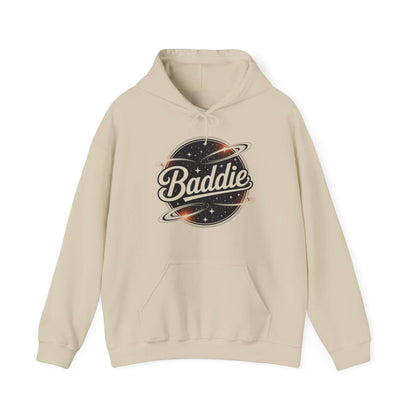 Hooded jumper featuring 'Baddie' universe design with retro style, perfect for trendy casual wear.