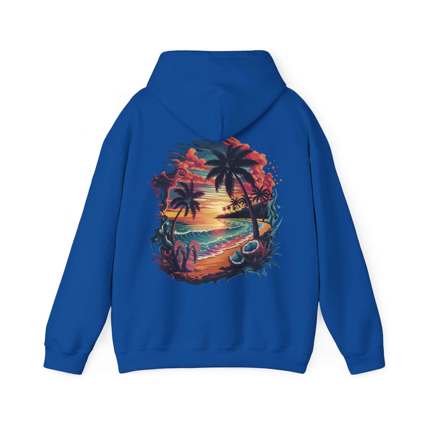 Tropical sunset beach hoodie featuring palm trees and vibrant ocean colors, perfect for summer vibes and casual wear.