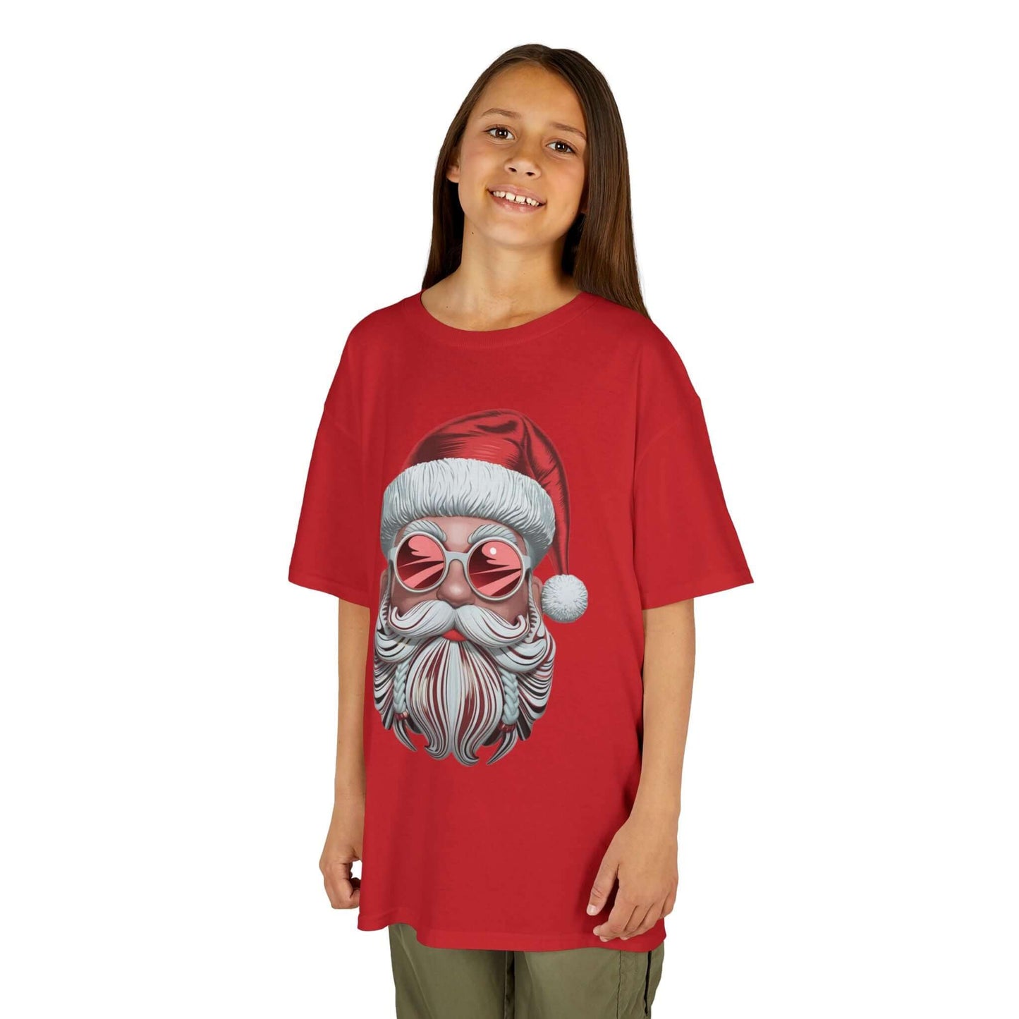 Cool Santa Kids T-shirt featuring modern design with sunglasses, festive vibes for the holiday season.