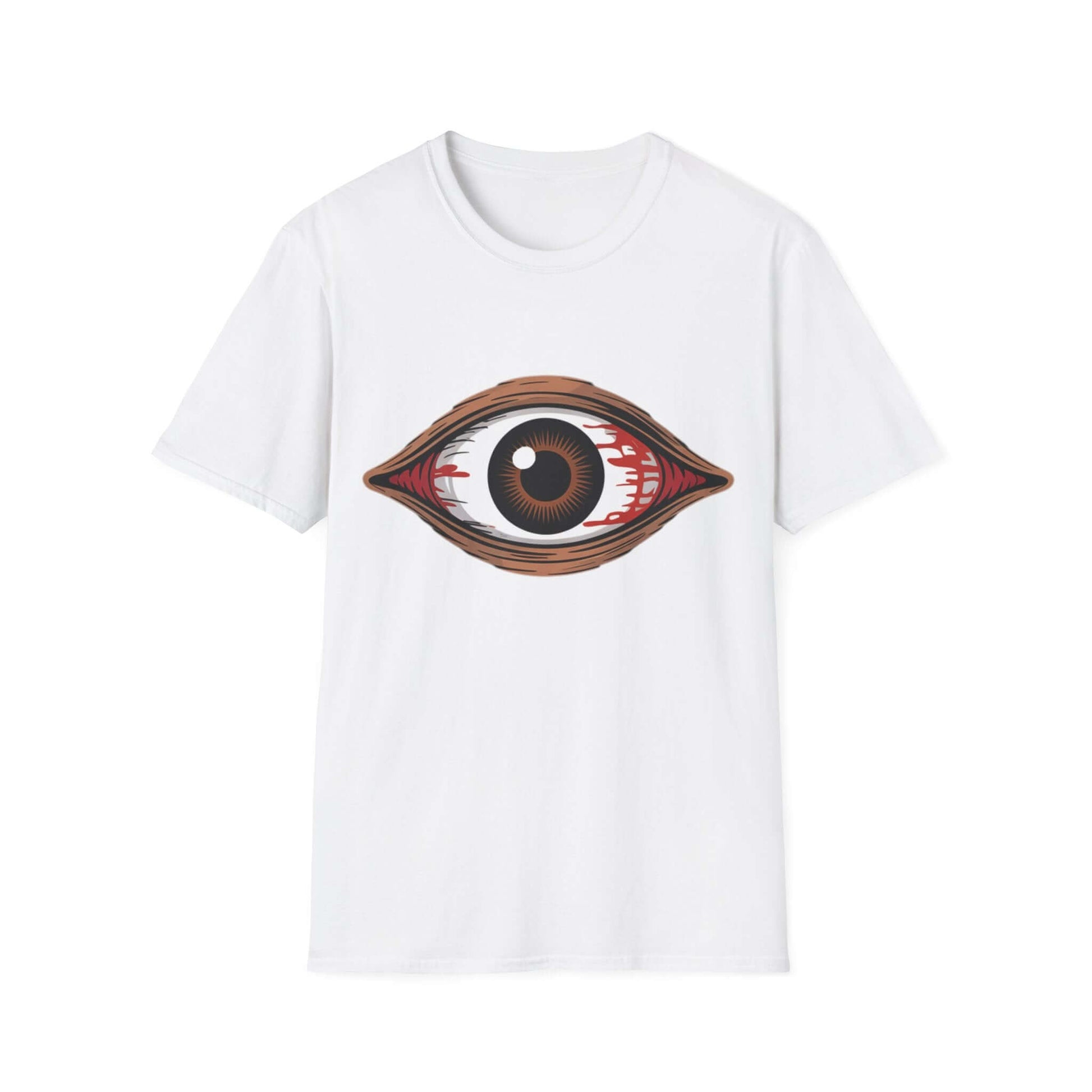 Unisex Bloody Brown Eye T-Shirt design, perfect for concerts, music festivals, and Halloween events.