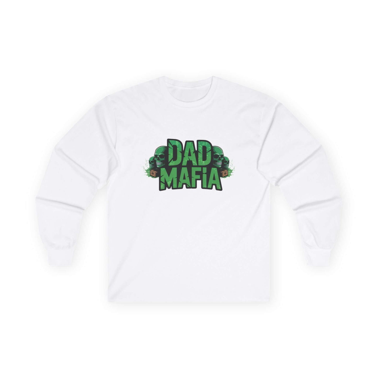 DAD MAFIA unisex long sleeve T-Shirt featuring distressed black lettering and neon green skull accents, perfect for casual occasions.