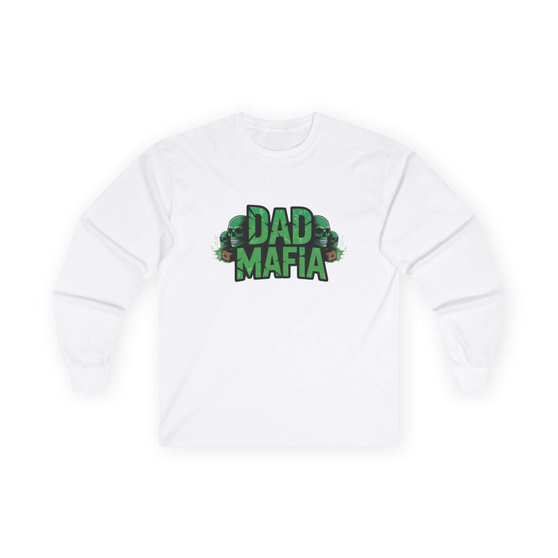 DAD MAFIA unisex long sleeve T-Shirt featuring distressed black lettering and neon green skull accents, perfect for casual occasions.