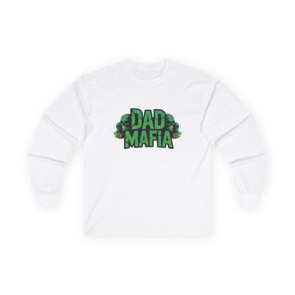 DAD MAFIA unisex long sleeve T-Shirt featuring distressed black lettering and neon green skull accents, perfect for casual occasions.