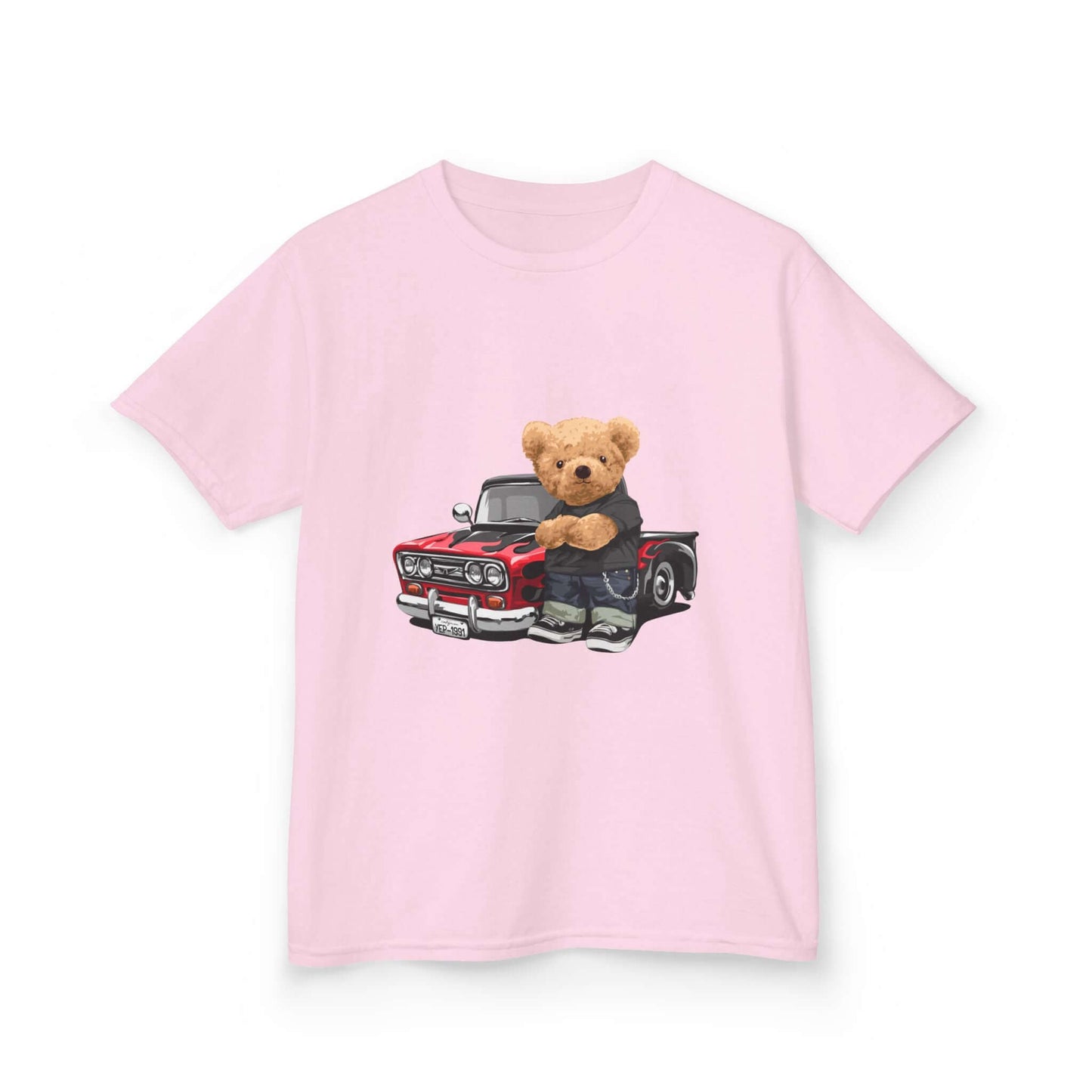 Light Pink cute kid's tee featuring an adorable teddy bear with a vintage pickup truck design, perfect for car lovers.