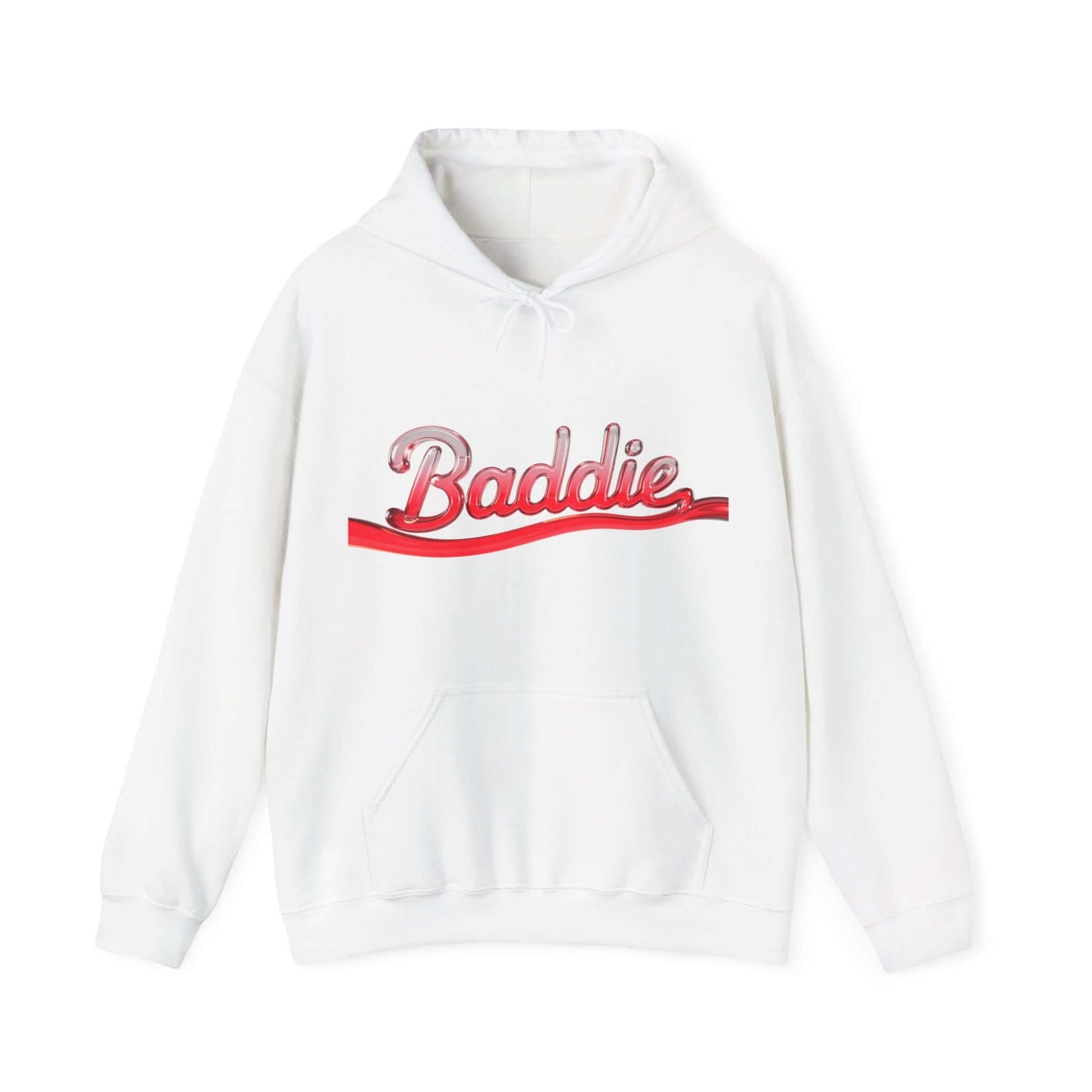 White hooded sweatshirt featuring 'Baddie' typography design in red liquid-like text, perfect for trendy streetwear.