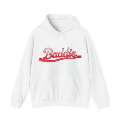 White hooded sweatshirt featuring 'Baddie' typography design in red liquid-like text, perfect for trendy streetwear.