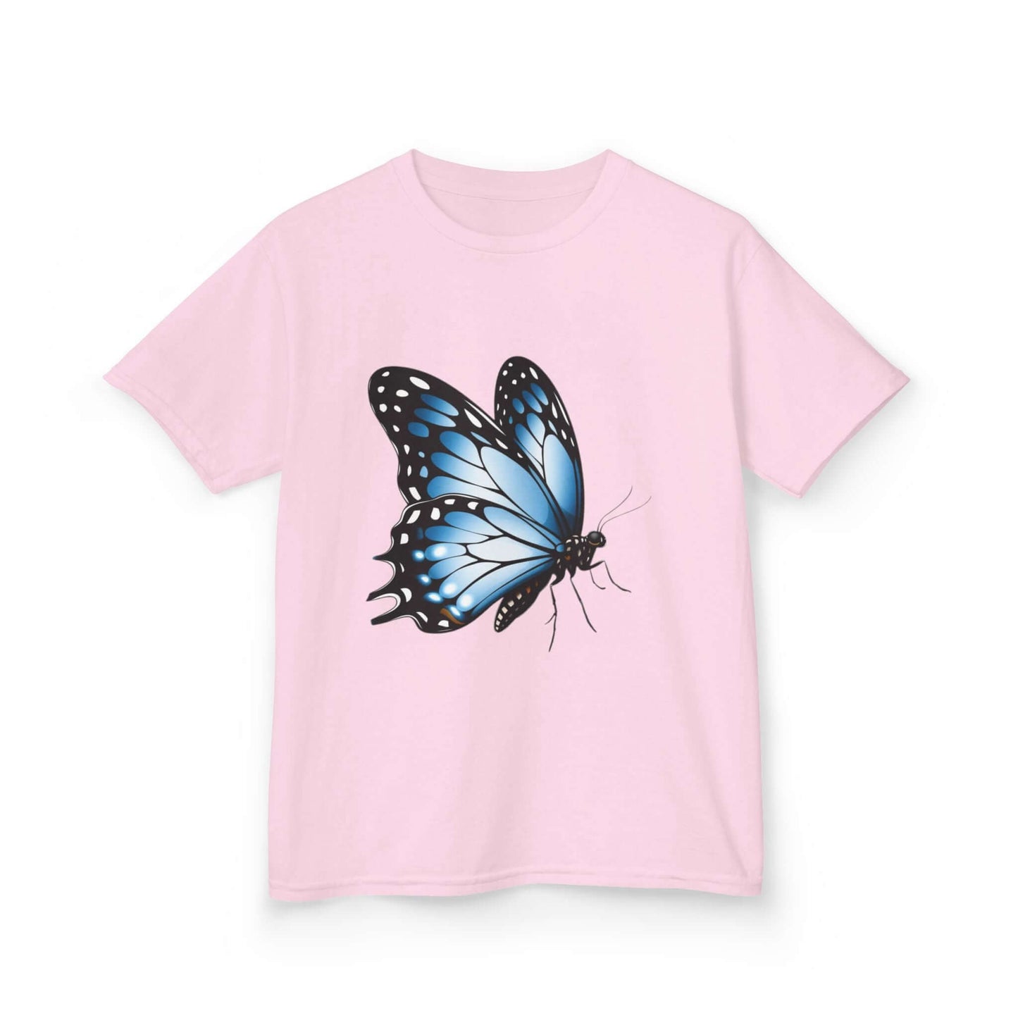 Kid's pink Tee with beautiful blue butterfly design, perfect for nature lovers and children.