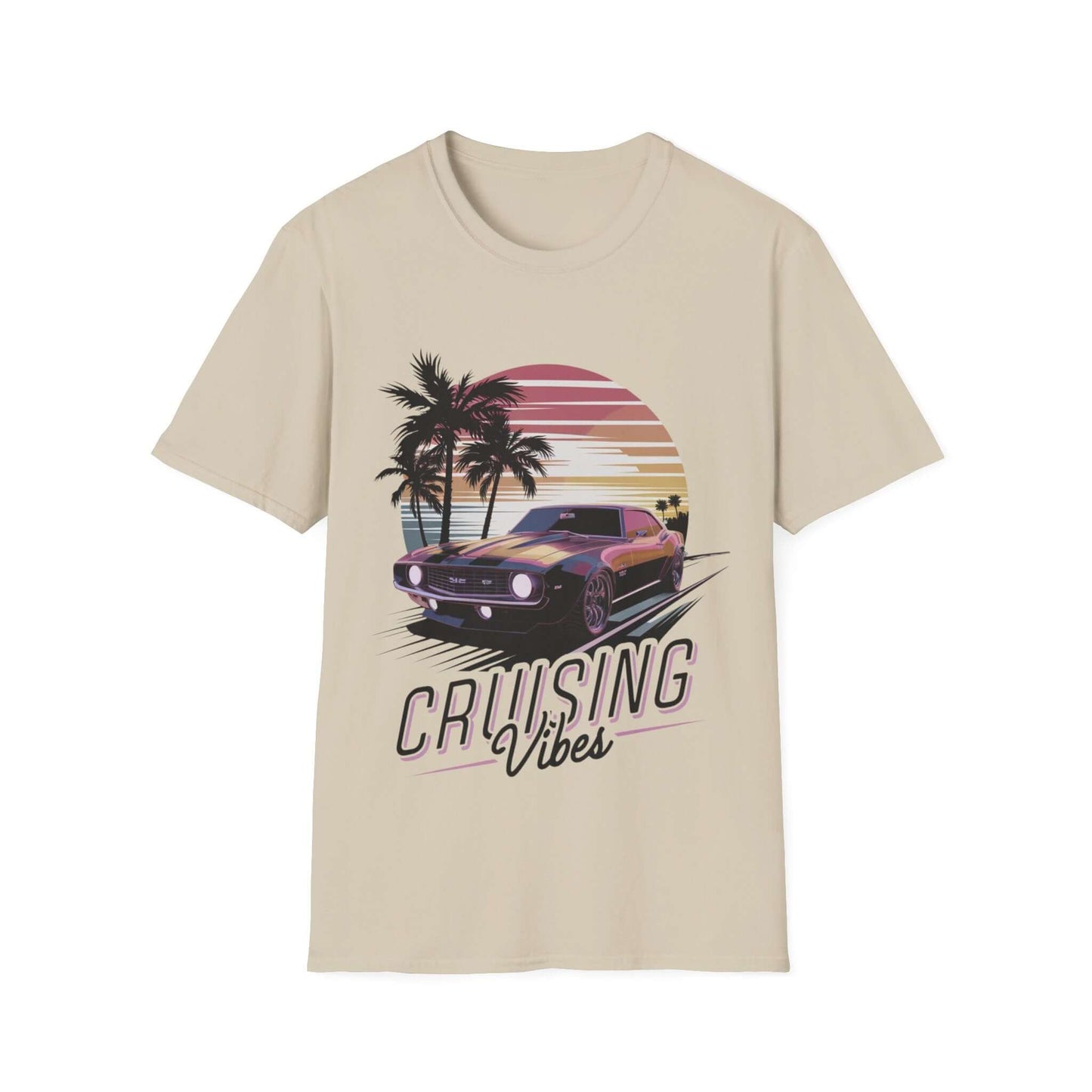 Vintage muscle car sunset T-shirt with 'Cruising Vibes' design, perfect for retro enthusiasts and casual wear.