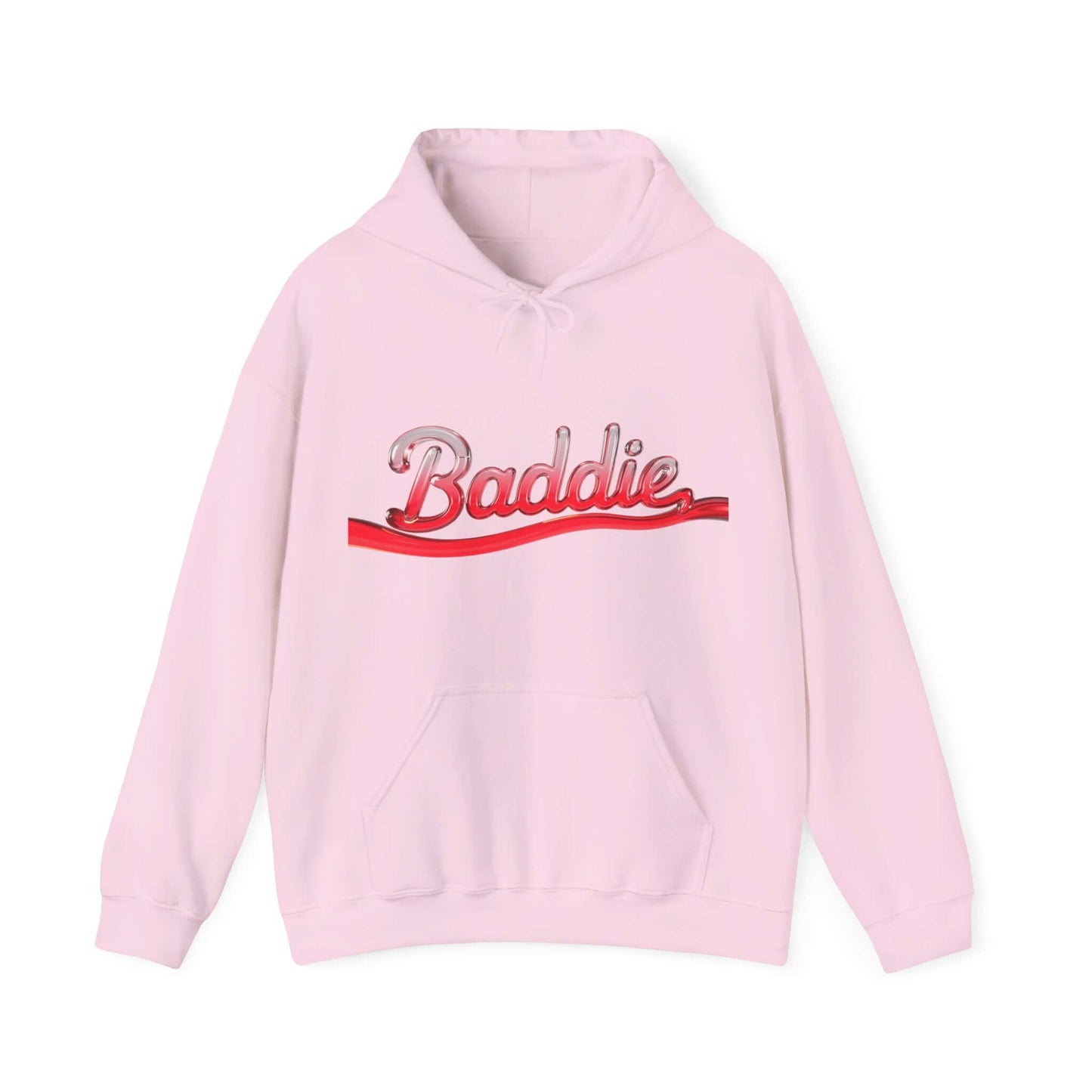 Cool pink hoodie with 'Baddie' typography design in red liquid-like text, ideal for trendy streetwear fashion.