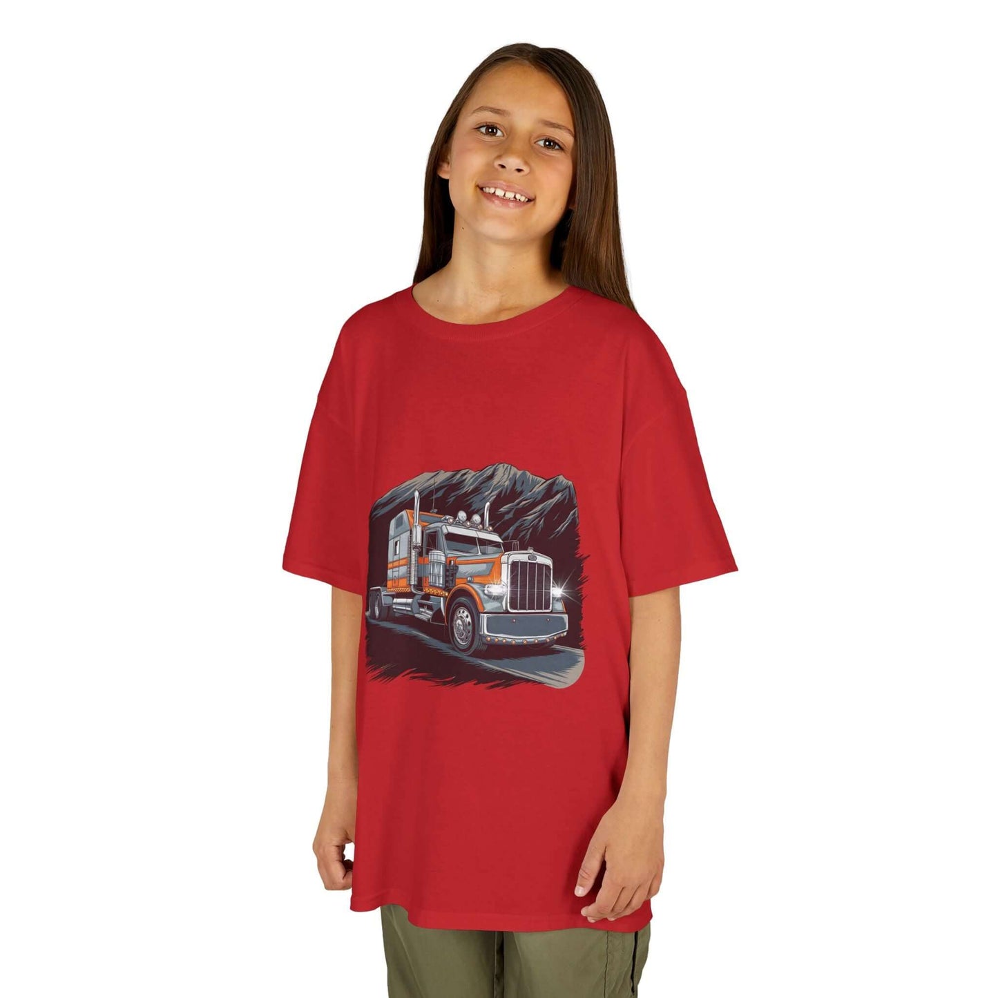 Kid wearing a red tee featuring a cool custom truck design, perfect for truck lovers and casual outings.