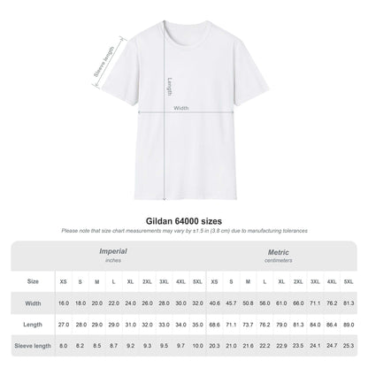 Size chart for Gildan 64000 T-shirt, showing measurements in inches and centimeters for accurate fitting.