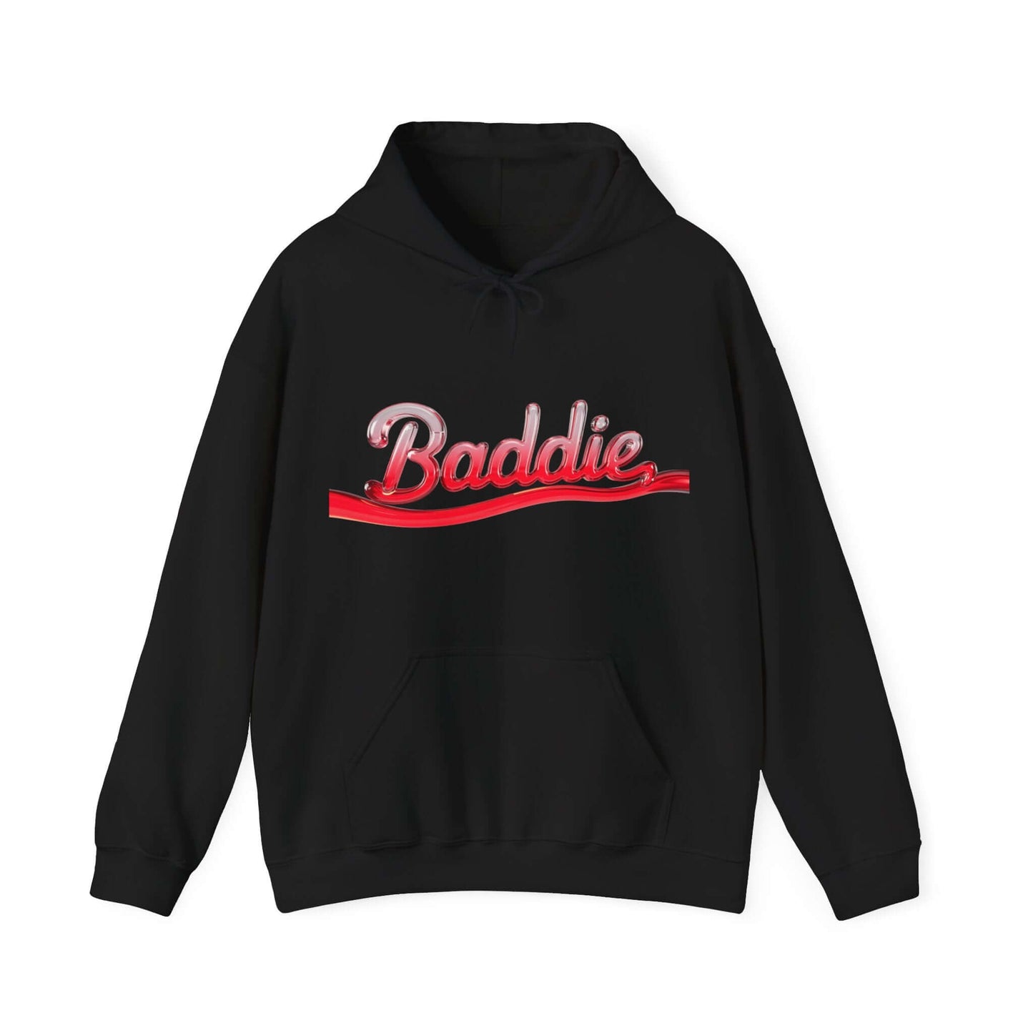 Hooded sweatshirt featuring trendy typography design 'Baddie' in red liquid-like text, perfect for streetwear enthusiasts.