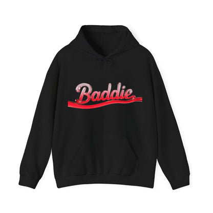 Hooded sweatshirt featuring trendy typography design 'Baddie' in red liquid-like text, perfect for streetwear enthusiasts.