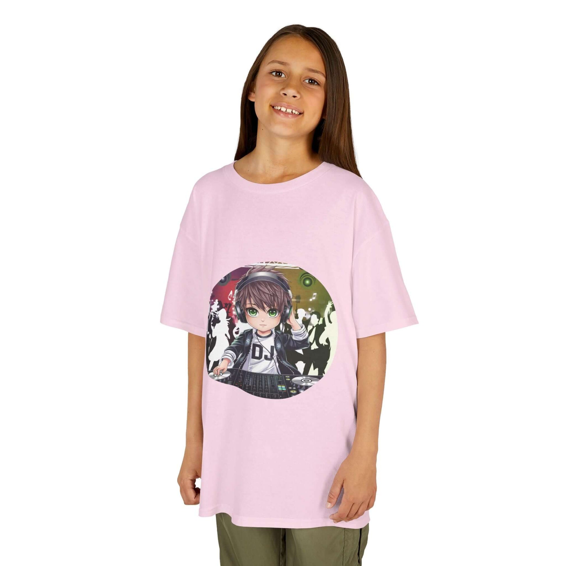 Kids T-Shirt featuring DJ chibi boy playing decks, perfect for music lovers and party-goers, in soft pink fabric.