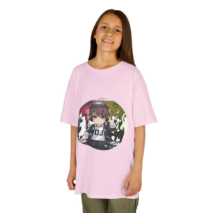 Kids T-Shirt featuring DJ chibi boy playing decks, perfect for music lovers and party-goers, in soft pink fabric.