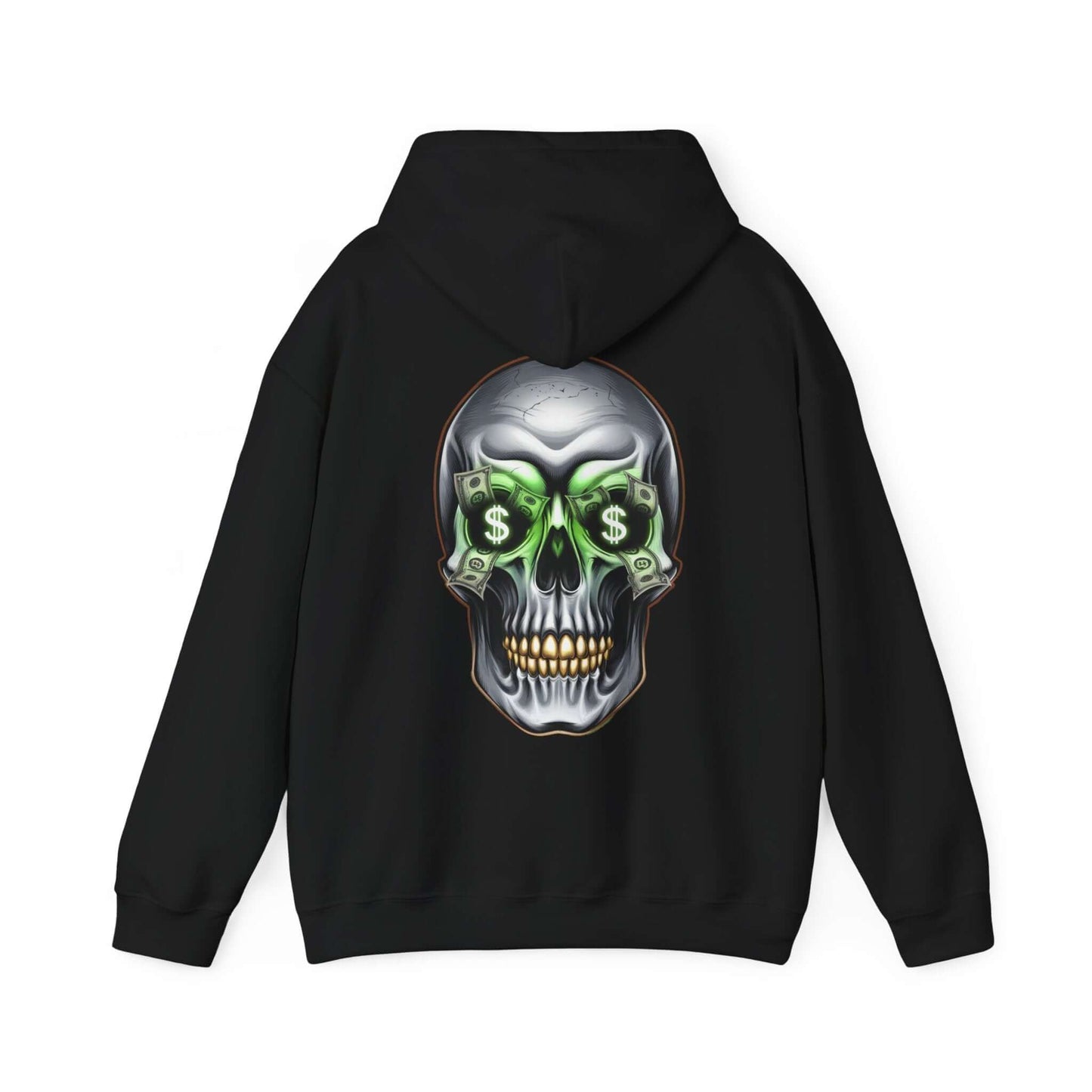 Black hoodie featuring a cool skull design with dollar bills in the eye sockets, perfect for streetwear fashion.