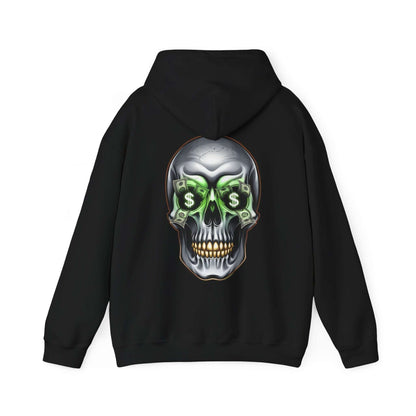 Black hoodie featuring a cool skull design with dollar bills in the eye sockets, perfect for streetwear fashion.