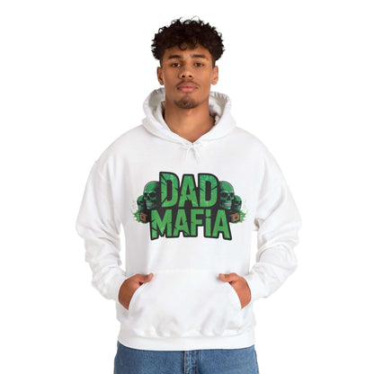 Model wearing a DAD MAFIA unisex hoodie with green skulls and neon accents, showcasing a bold, edgy style.