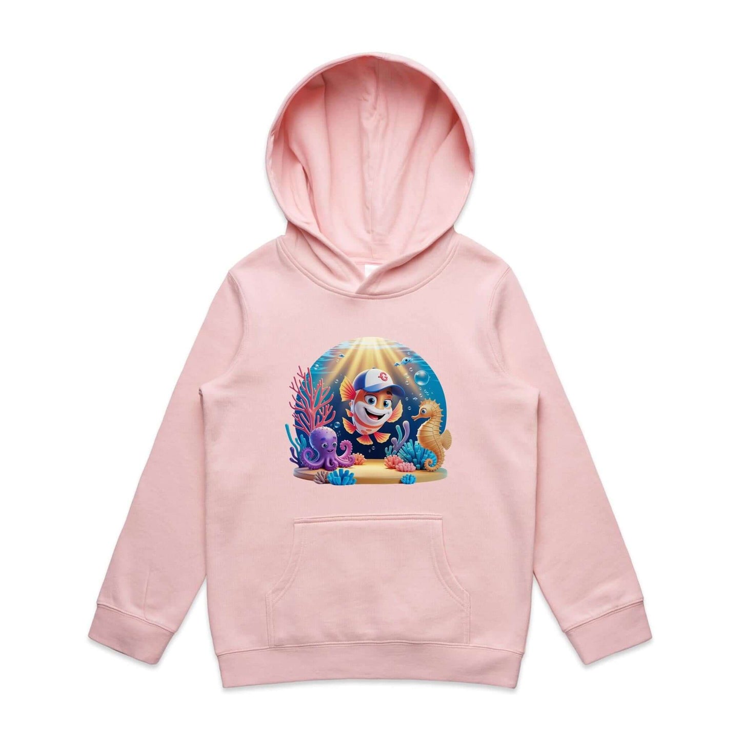 AS Colour pink youth hoodie featuring a colourful cartoon sea life design with a cute fish character and sea creatures.