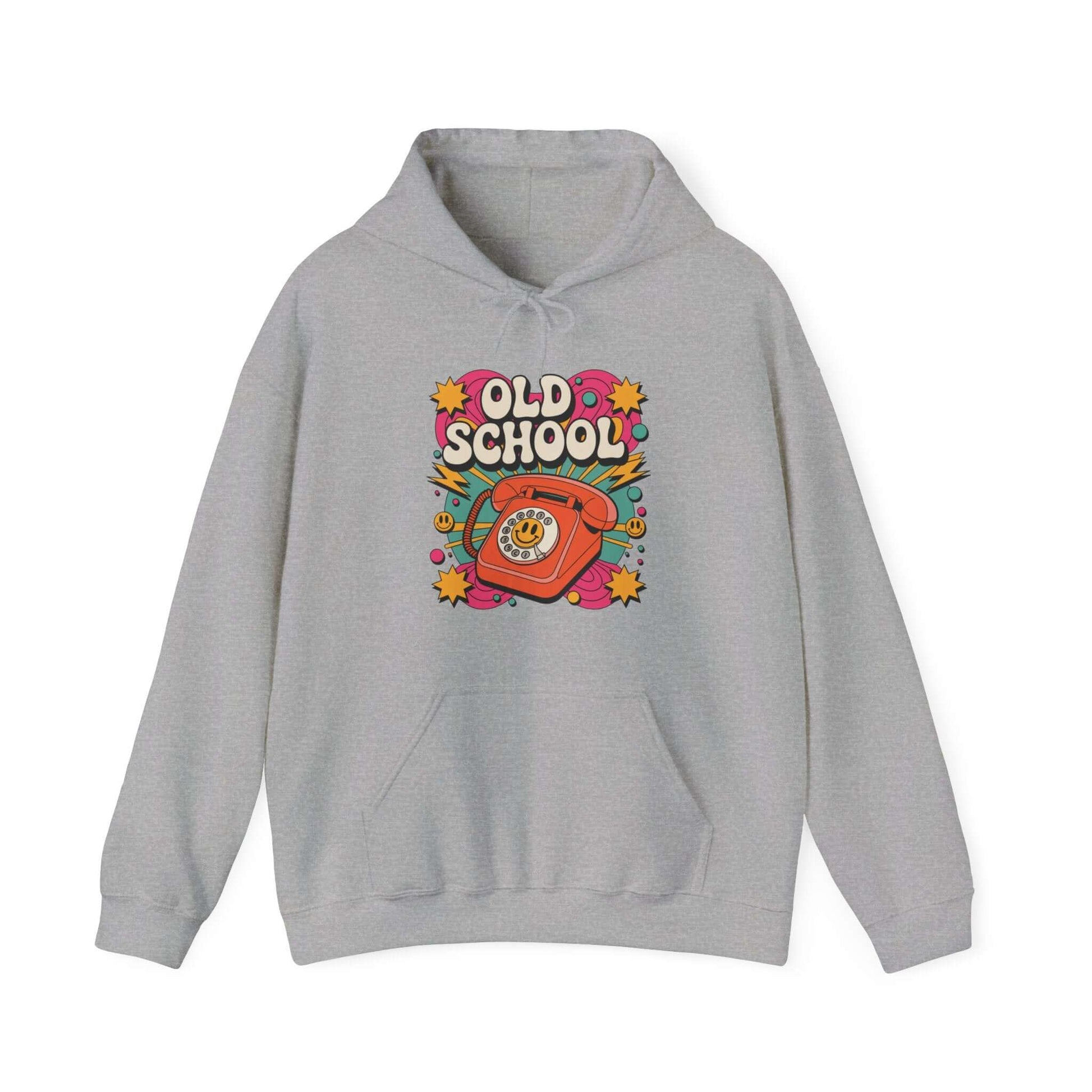 Hooded sweatshirt with trendy Old School retro design featuring dial-up telephone and vibrant colors.