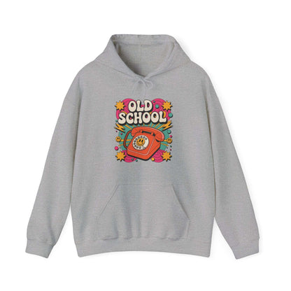 Hooded sweatshirt with trendy Old School retro design featuring dial-up telephone and vibrant colors.