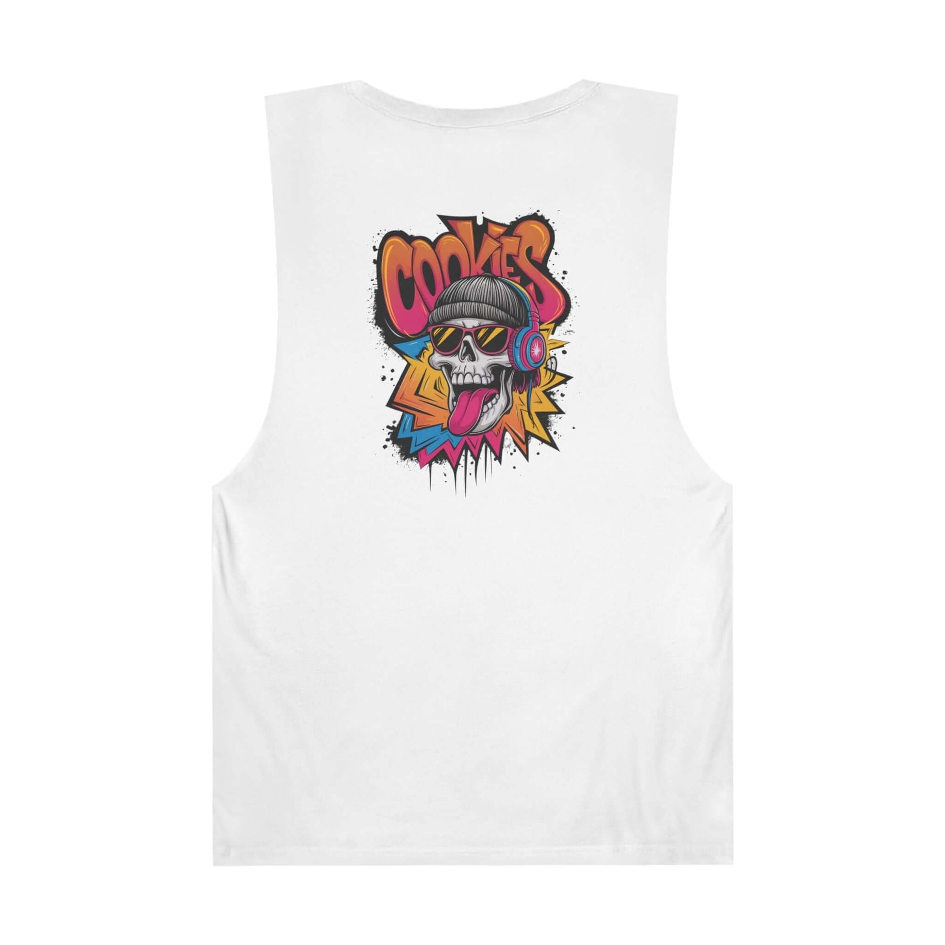 Tank top with graffiti skull design and 'COOKIES' text, trendy urban fashion streetwear, colorful and edgy vibe.