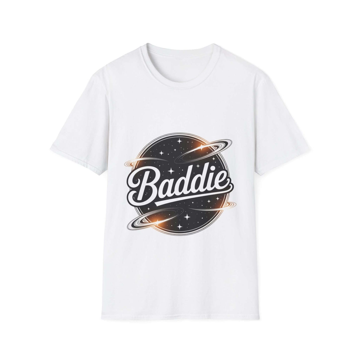 Unisex soft-style T-shirt featuring retro 'Baddie' universe design with planets and stars, perfect for trendy casual wear.