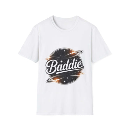 Unisex soft-style T-shirt featuring retro 'Baddie' universe design with planets and stars, perfect for trendy casual wear.